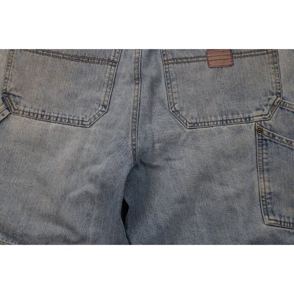 Vtg Columbia Mens 34 Distressed Spell Out Dungaree Above Knee Denim Jean Shorts - Picture 12 of 13